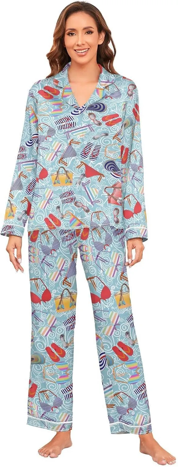susiyo Swimsuit Beach Bag Women's Pajama Sets Long Sleeve Button Down Sleepwear Nightwear Soft Pjs Lounge Sets with Pockets S-XXL