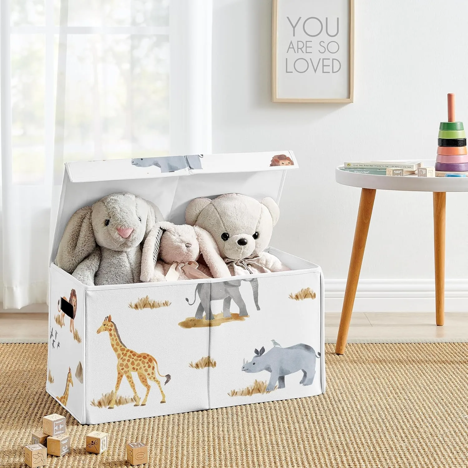Sweet Jojo Designs Jungle Animals Small Fabric Toy Bin Storage Box Chest Baby Nursery Kids Room Dark Hunter Green Yellow Grey Black White Wildlife Safari Elephant Giraffe Lion Monkey Leopard Cheetah