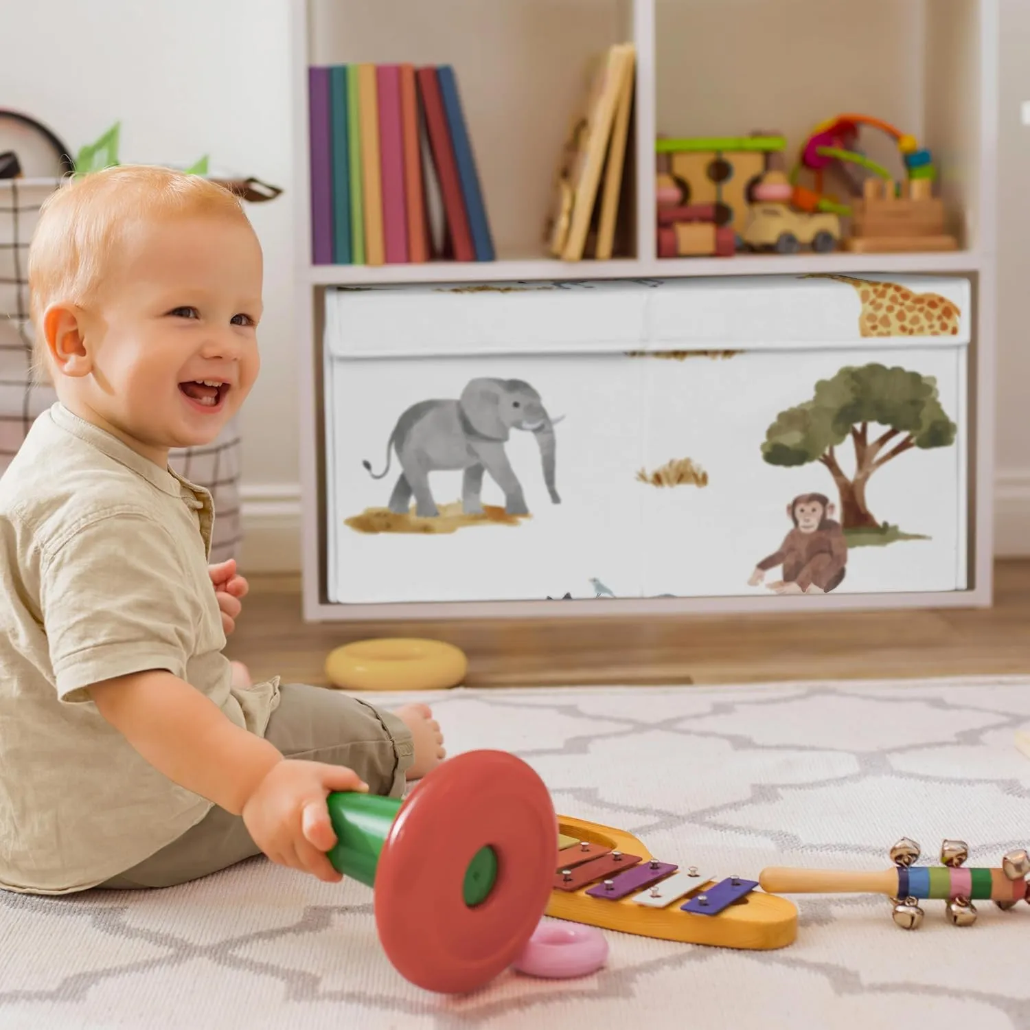 Sweet Jojo Designs Jungle Animals Small Fabric Toy Bin Storage Box Chest Baby Nursery Kids Room Dark Hunter Green Yellow Grey Black White Wildlife Safari Elephant Giraffe Lion Monkey Leopard Cheetah