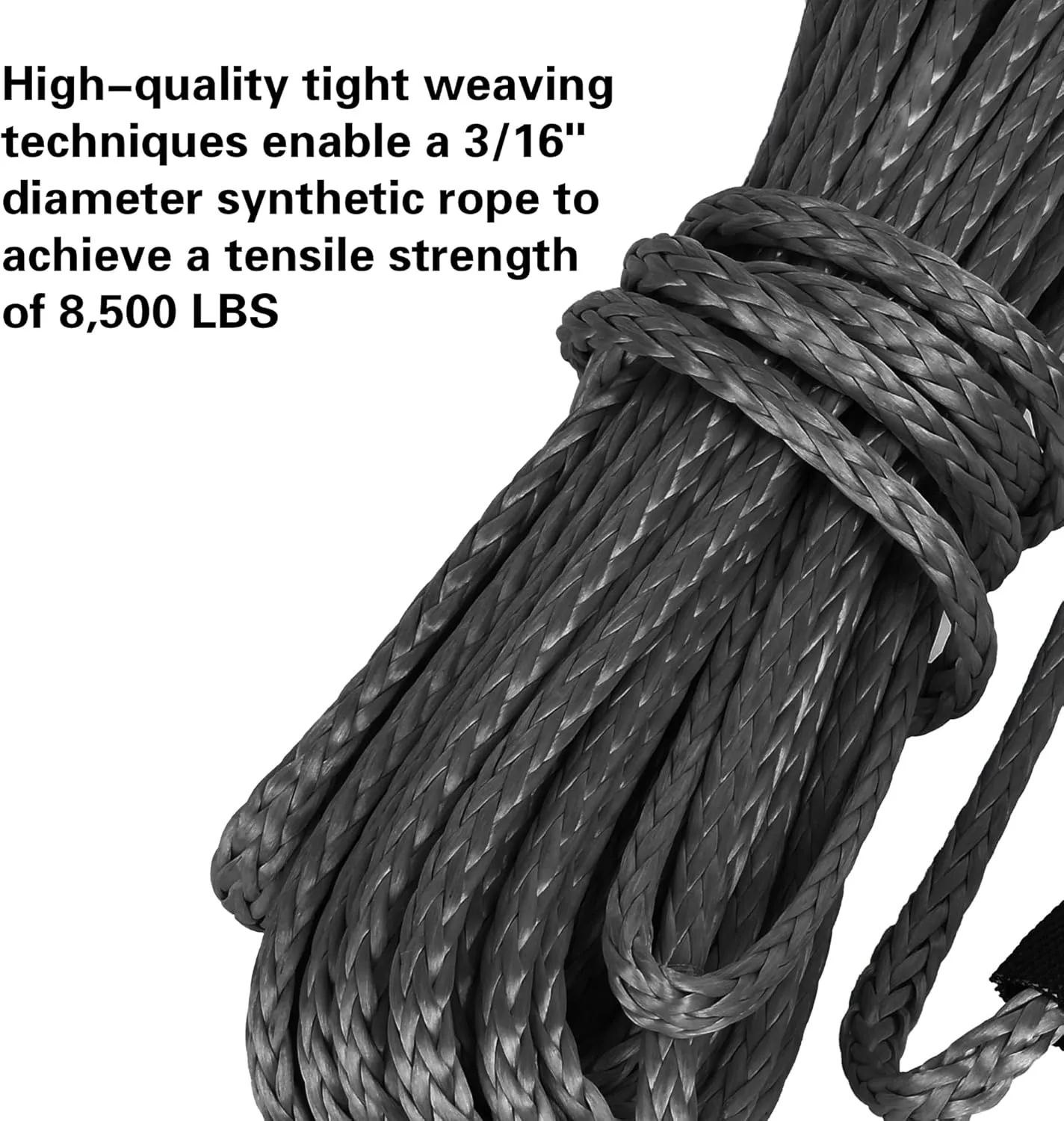 Synthetic Winch Rope 3/16" x 50 ft, 8,300 lbs Pulling Strength, with Protective Sleeve, Safety Pull Strap for ATV, UTV, and Offroad Vehicles (Green) (Black, 3/16" x 50 ft)