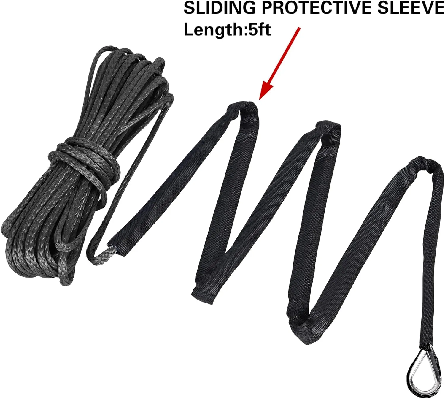 Synthetic Winch Rope 3/16" x 50 ft, 8,300 lbs Pulling Strength, with Protective Sleeve, Safety Pull Strap for ATV, UTV, and Offroad Vehicles (Green) (Black, 3/16" x 50 ft)