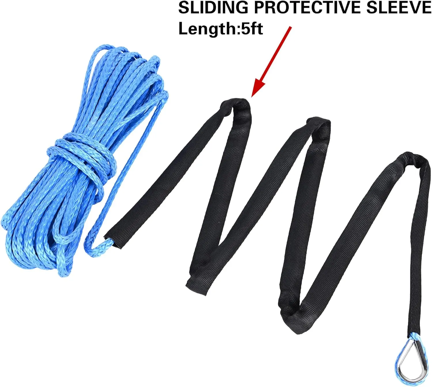 Synthetic Winch Rope 3/16" x 50 ft, 8,300 lbs Pulling Strength, with Protective Sleeve, Safety Pull Strap for ATV, UTV, and Offroad Vehicles (Green) (Blue, 3/16" x 50 ft)