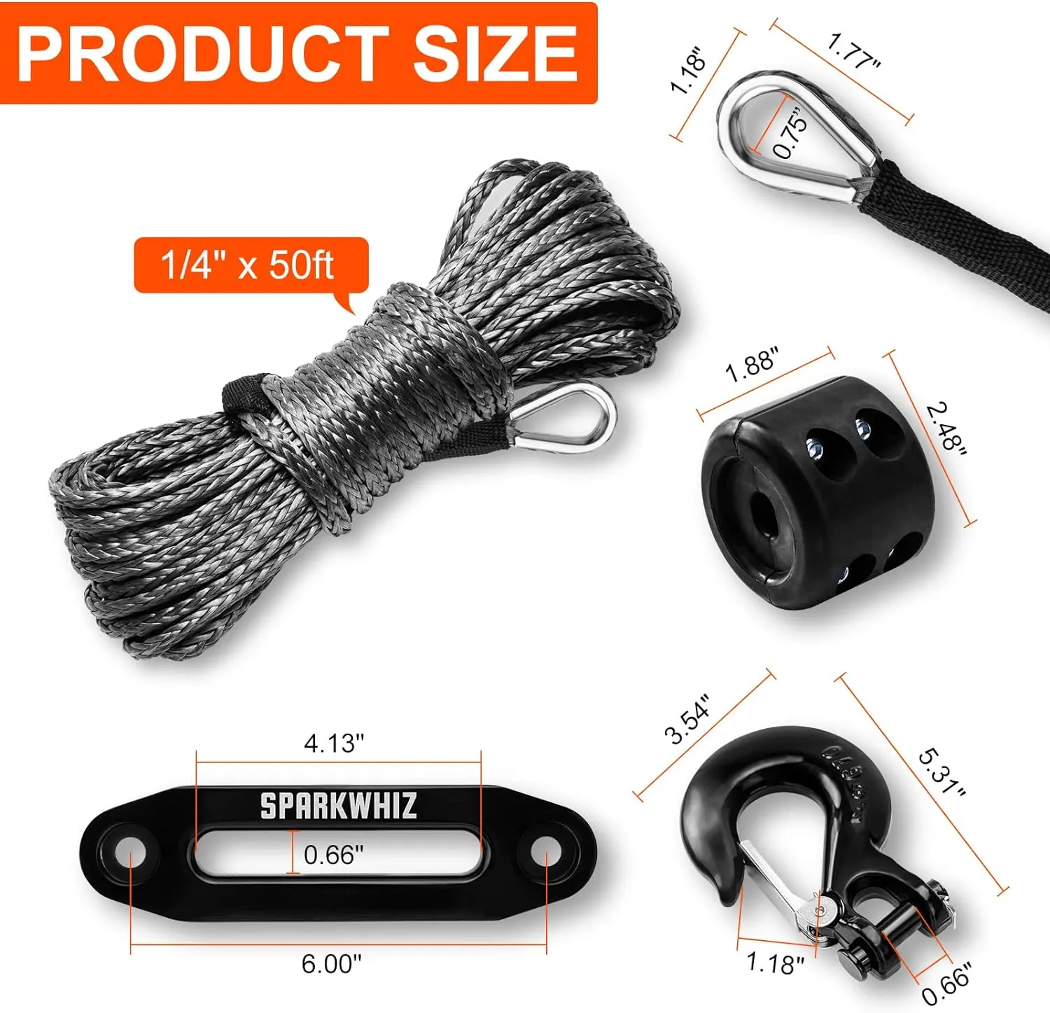 Synthetic Winch Rope Kit, 1/4" x 50ft 10000LBS Winch Rope Line Cable with Protective Sleeve Winch Fairlead  Stopper Hook for ATV UTV SUV