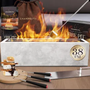 Table Top Firepit Outdoor and Indoor w Roasting Sticks and Bag 15x3.7x4in of Concrete for You Home - Table Fire Pit Tabletop and Smore Maker - Portable Fire Pit