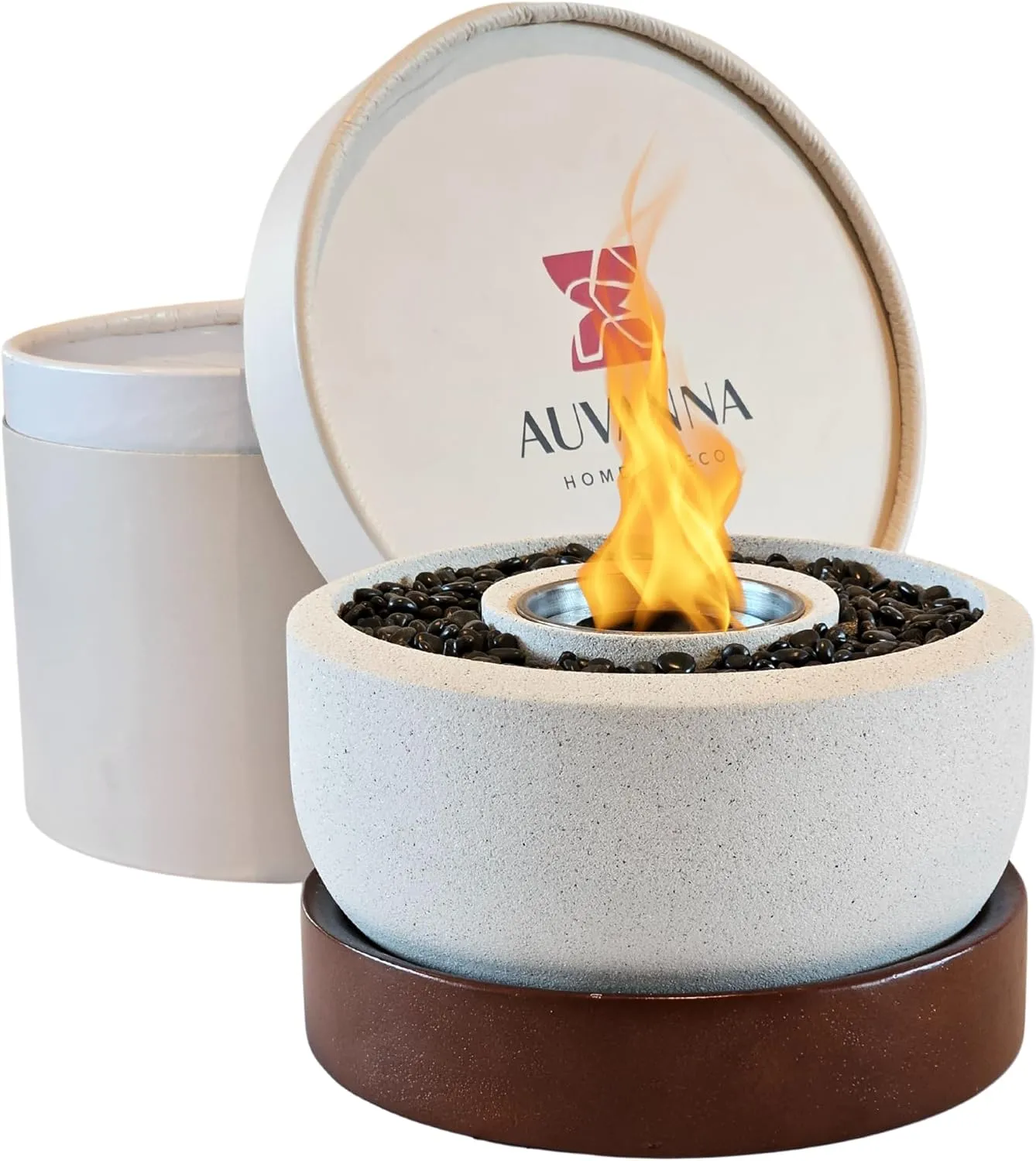 Tabletop Fire Pit, Glass Reinforced Concrete, Indoor/Outdoor, Hardwood Base/Cover, Smokeless Rubbing Alcohol Burning, Fire Extinguisher, Gift Box