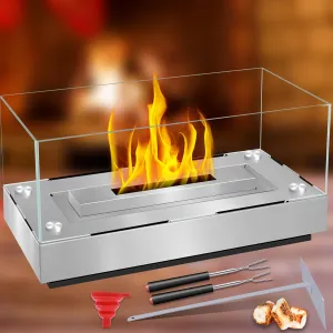 Tabletop Fire Pit Outdoor & Indoor [2-3h Burning Time] Rectangular Table Top Firepit with [4-Sided Glass] Gifts for Women Mom Housewarming Christmas Birthday White Elephant Gift(Silvery)