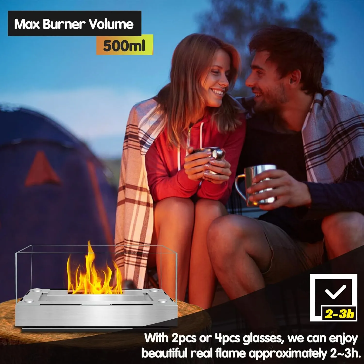 Tabletop Fire Pit Outdoor & Indoor [2-3h Burning Time] Rectangular Table Top Firepit with [4-Sided Glass] Gifts for Women Mom Housewarming Christmas Birthday White Elephant Gift(Silvery)
