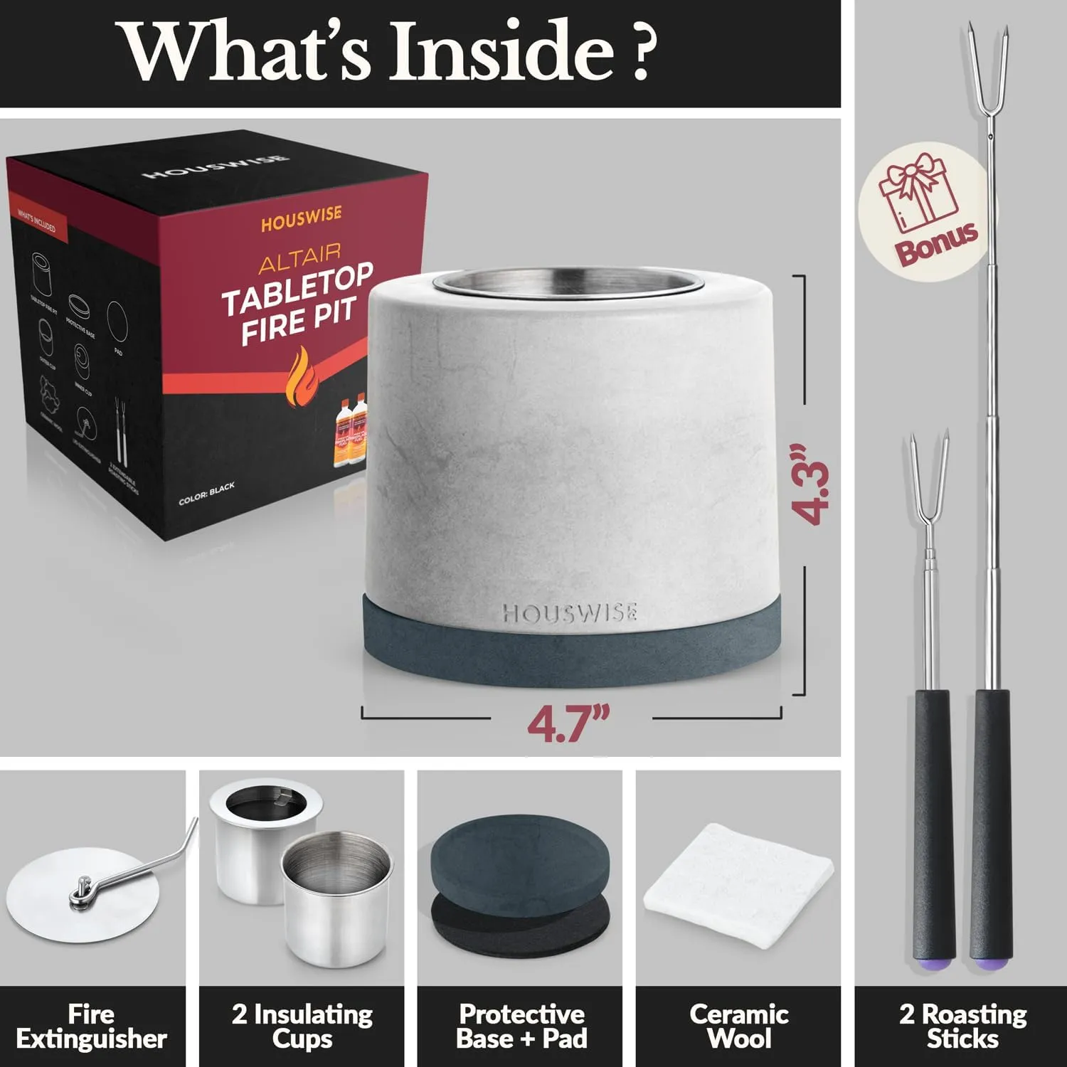 Tabletop Fire Pit Smores Maker Kit - Concrete Outdoor & Indoor Fire Pit Tabletop, Table Top Firepit, Small Portable Mini Indoor Fireplace