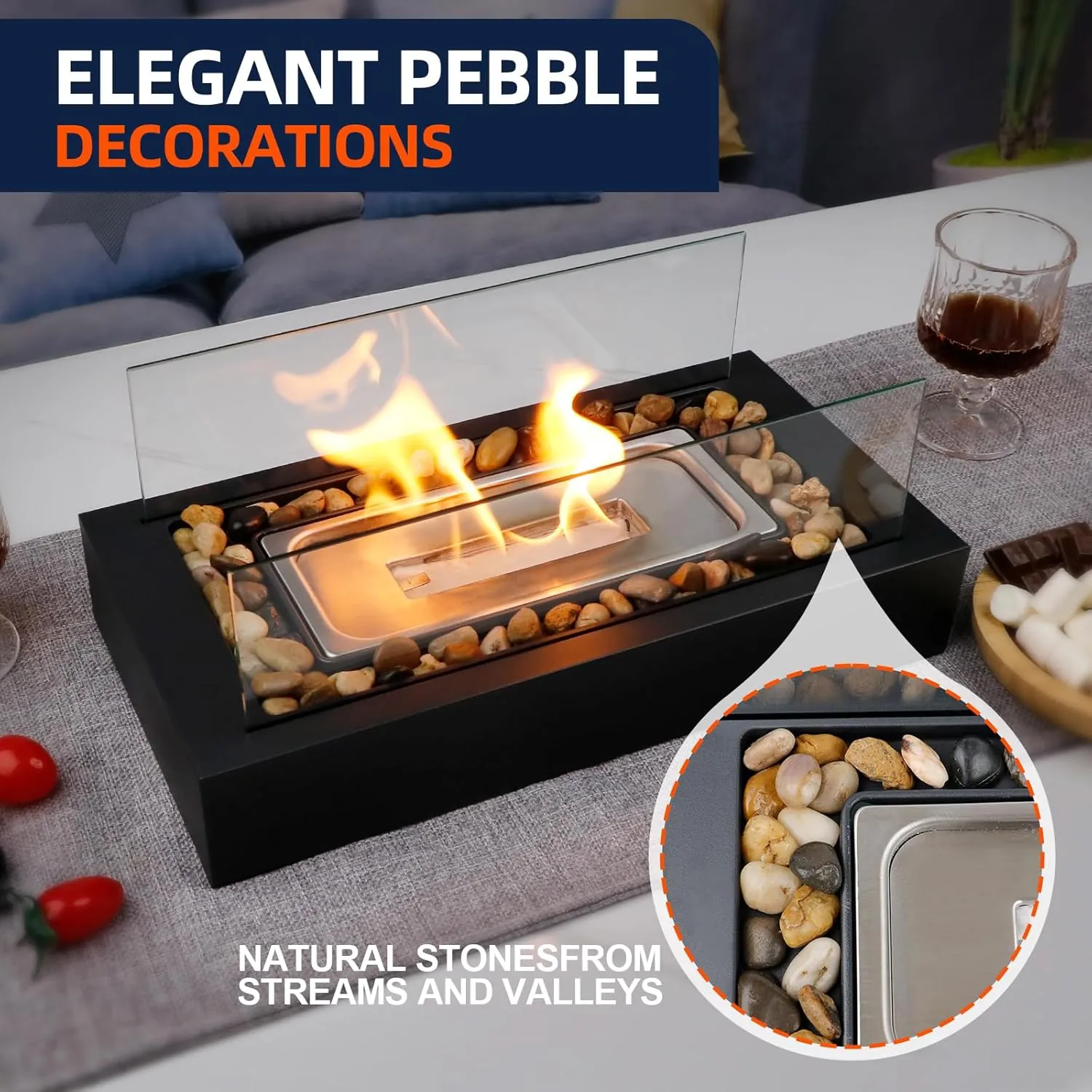 Tabletop Fire Pit with Pebbles, 2025 New Outdoor Tabletop Fireplace, Indoor Small Table Top Firepit, Smokeless fire Pit Decoration Gift for Patio Balcony Backyard Livingroom, Bring Cozy Atmosphere