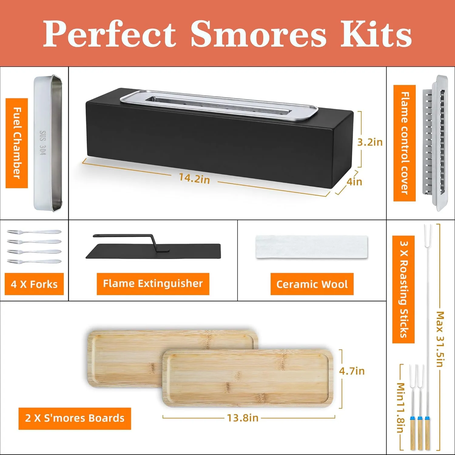 Tabletop Fire Pit with Smores Kit, Table Top Firepit Smores Maker, Portable Outdoor Fireplace Tabletop Decor Home Patio Balcony Backyard Gifts for Mom Dad Men - White Elephant Unique Gift, Black