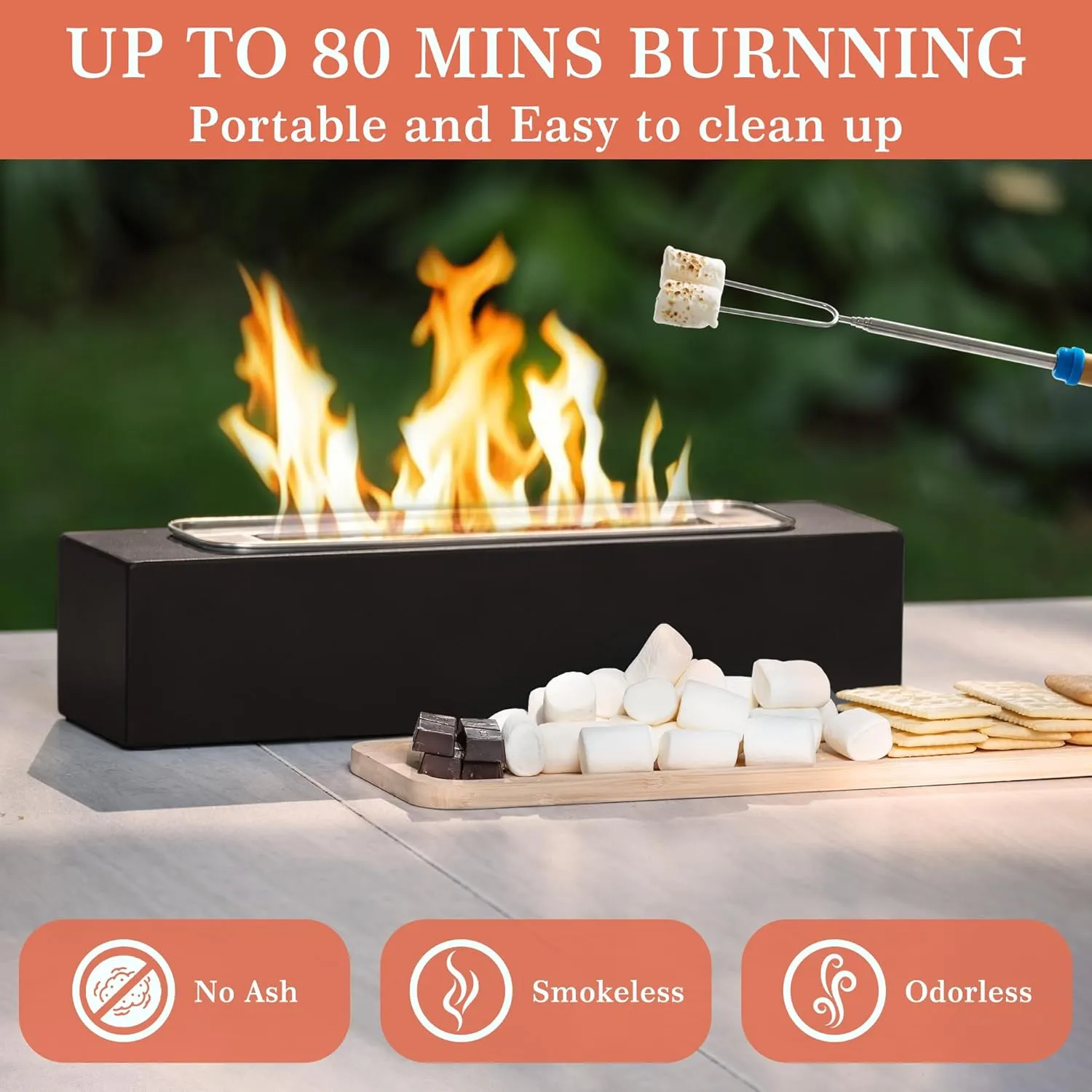 Tabletop Fire Pit with Smores Kit, Table Top Firepit Smores Maker, Portable Outdoor Fireplace Tabletop Decor Home Patio Balcony Backyard Gifts for Mom Dad Men - White Elephant Unique Gift, Black