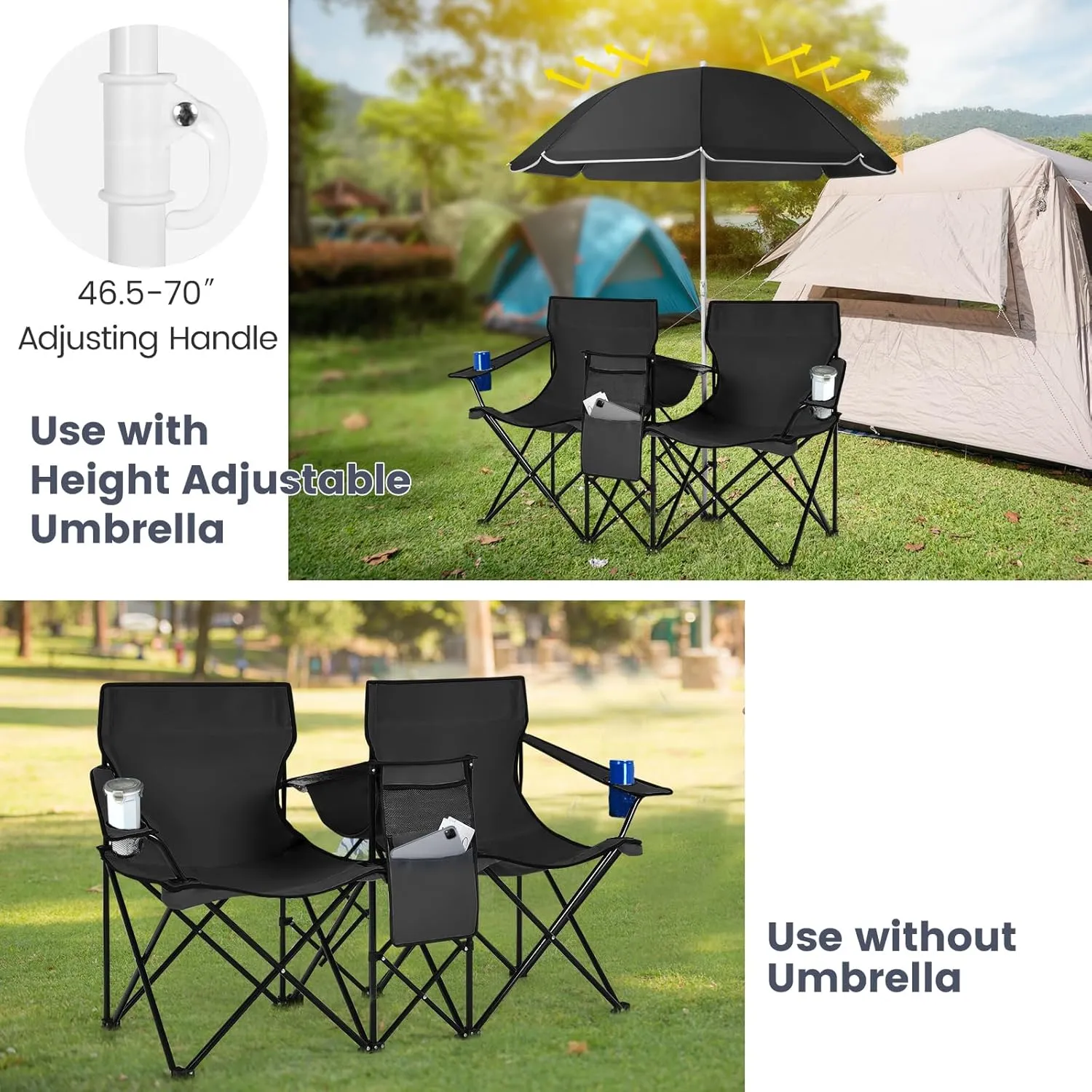 Tangkula Double Camping Chairs with Umbrella, Portable 2 Seat Folding Camp Chair with Cooler Bag, Beverage Holder, Carrying Bag, Foldable Lawn Chair for Outside, Fishing, Picnic,Beach