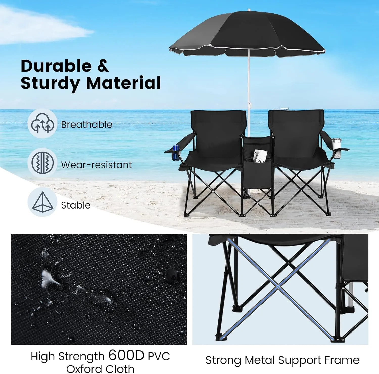 Tangkula Double Camping Chairs with Umbrella, Portable 2 Seat Folding Camp Chair with Cooler Bag, Beverage Holder, Carrying Bag, Foldable Lawn Chair for Outside, Fishing, Picnic,Beach