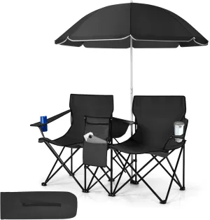 Tangkula Double Camping Chairs with Umbrella, Portable 2 Seat Folding Camp Chair with Cooler Bag, Beverage Holder, Carrying Bag, Foldable Lawn Chair for Outside, Fishing, Picnic,Beach