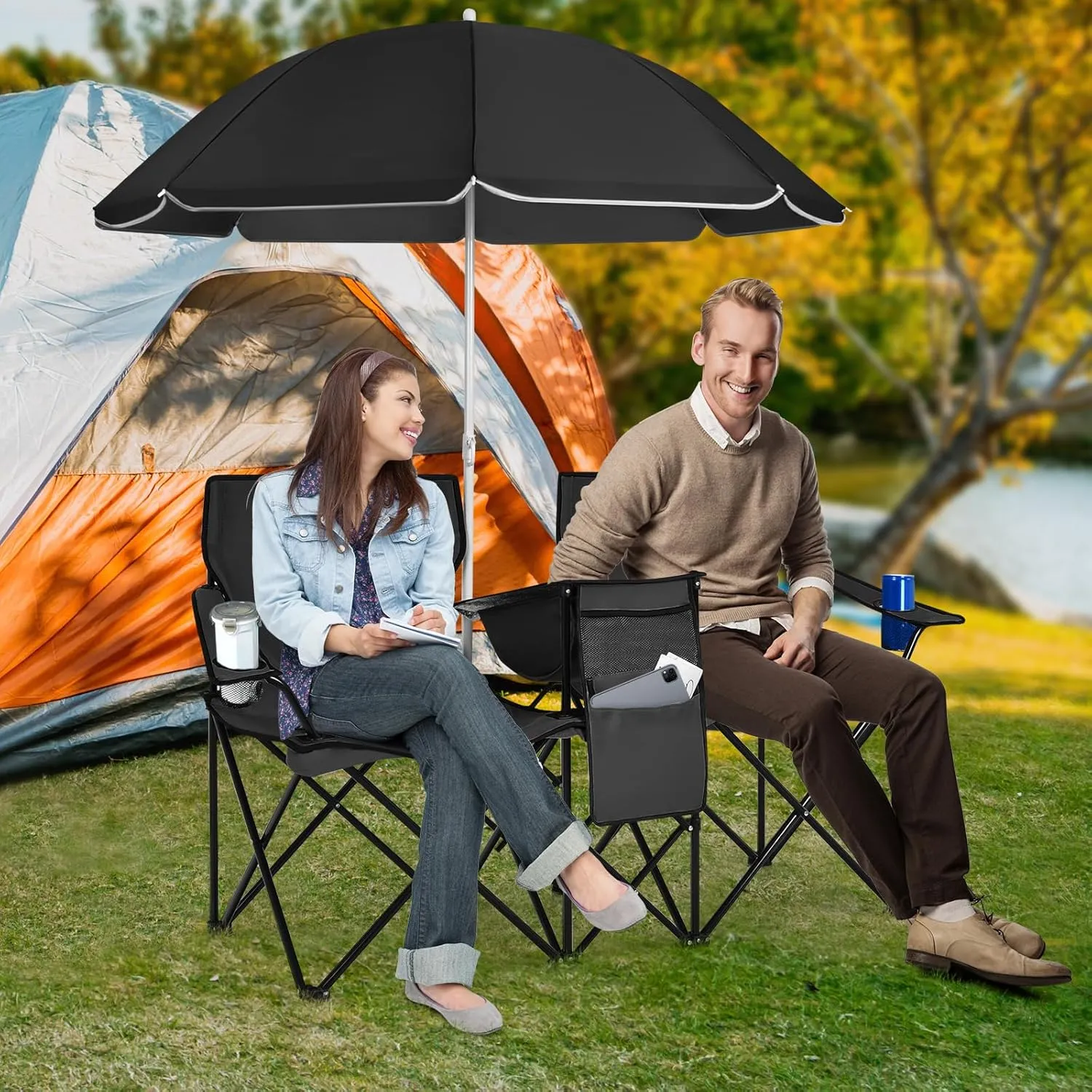 Tangkula Double Camping Chairs with Umbrella, Portable 2 Seat Folding Camp Chair with Cooler Bag, Beverage Holder, Carrying Bag, Foldable Lawn Chair for Outside, Fishing, Picnic,Beach