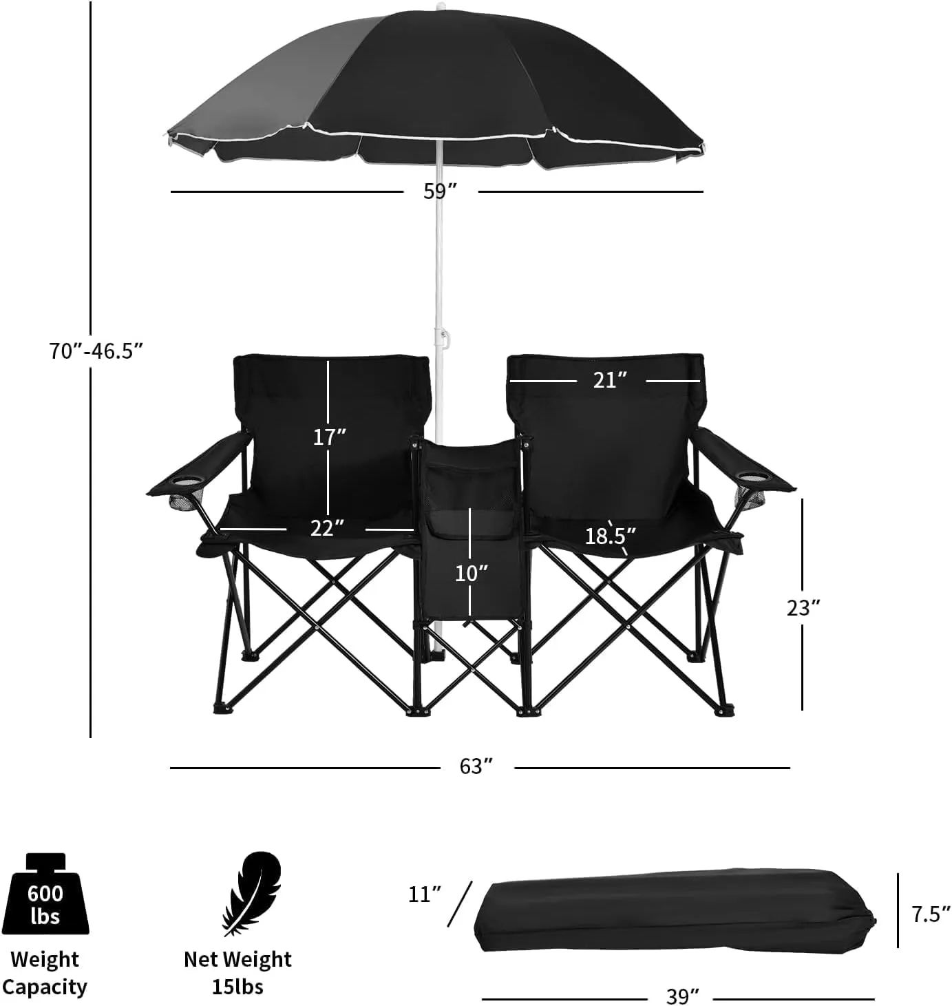 Tangkula Double Camping Chairs with Umbrella, Portable 2 Seat Folding Camp Chair with Cooler Bag, Beverage Holder, Carrying Bag, Foldable Lawn Chair for Outside, Fishing, Picnic,Beach
