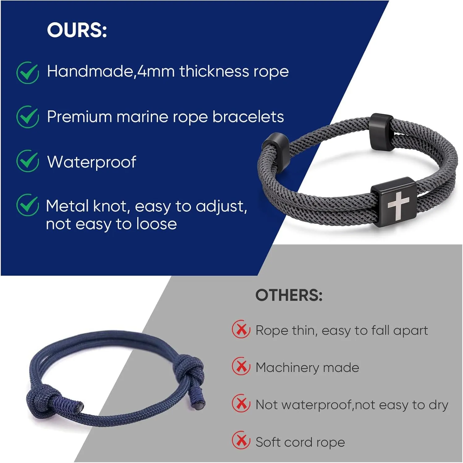 TempBeau Braided Men Rope Cross Bracelet - Adjustable Tree of Life Cord Surfing Bracelet, Handmade Nautical Navy Marine String Bracelet with Metal Knot, Easter Women Bracelets Gifts