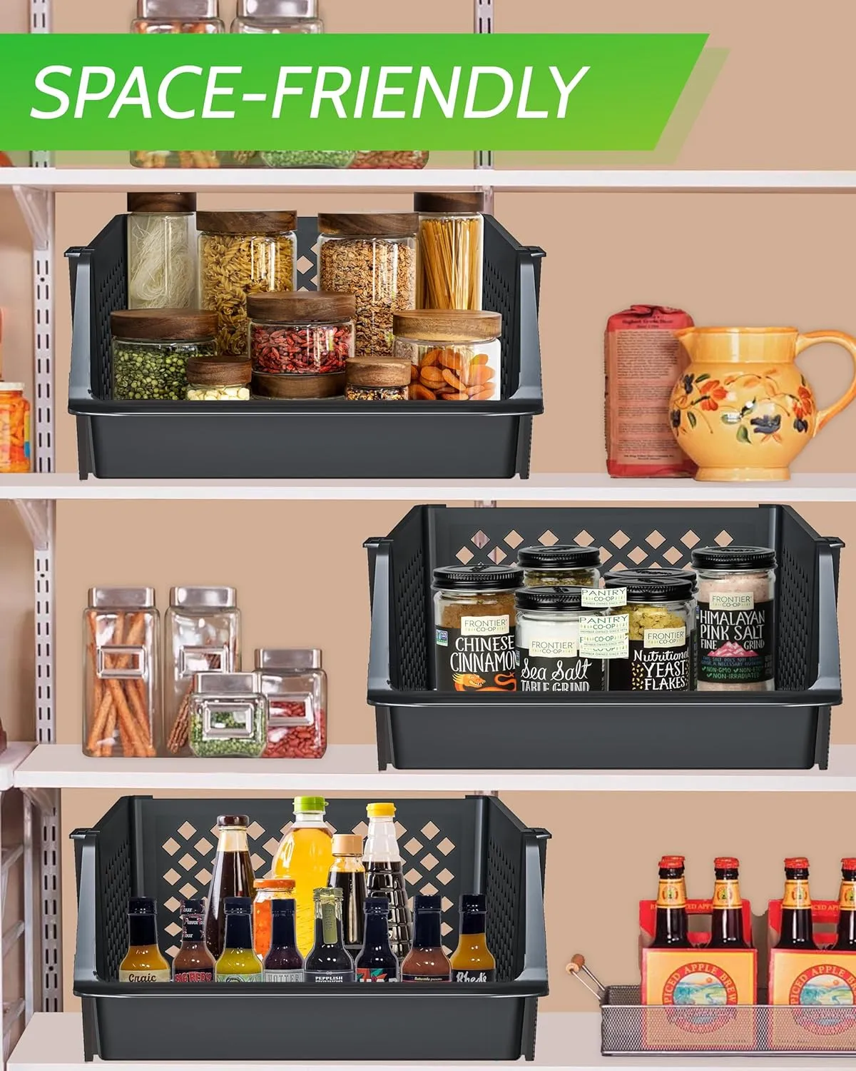 TidyFriend Plastic Stackable Bins for Pantry, 4 Pack Large Stacking Bins Open Front Kitchen, and Bathroom Organization, Open Front Design (Black)