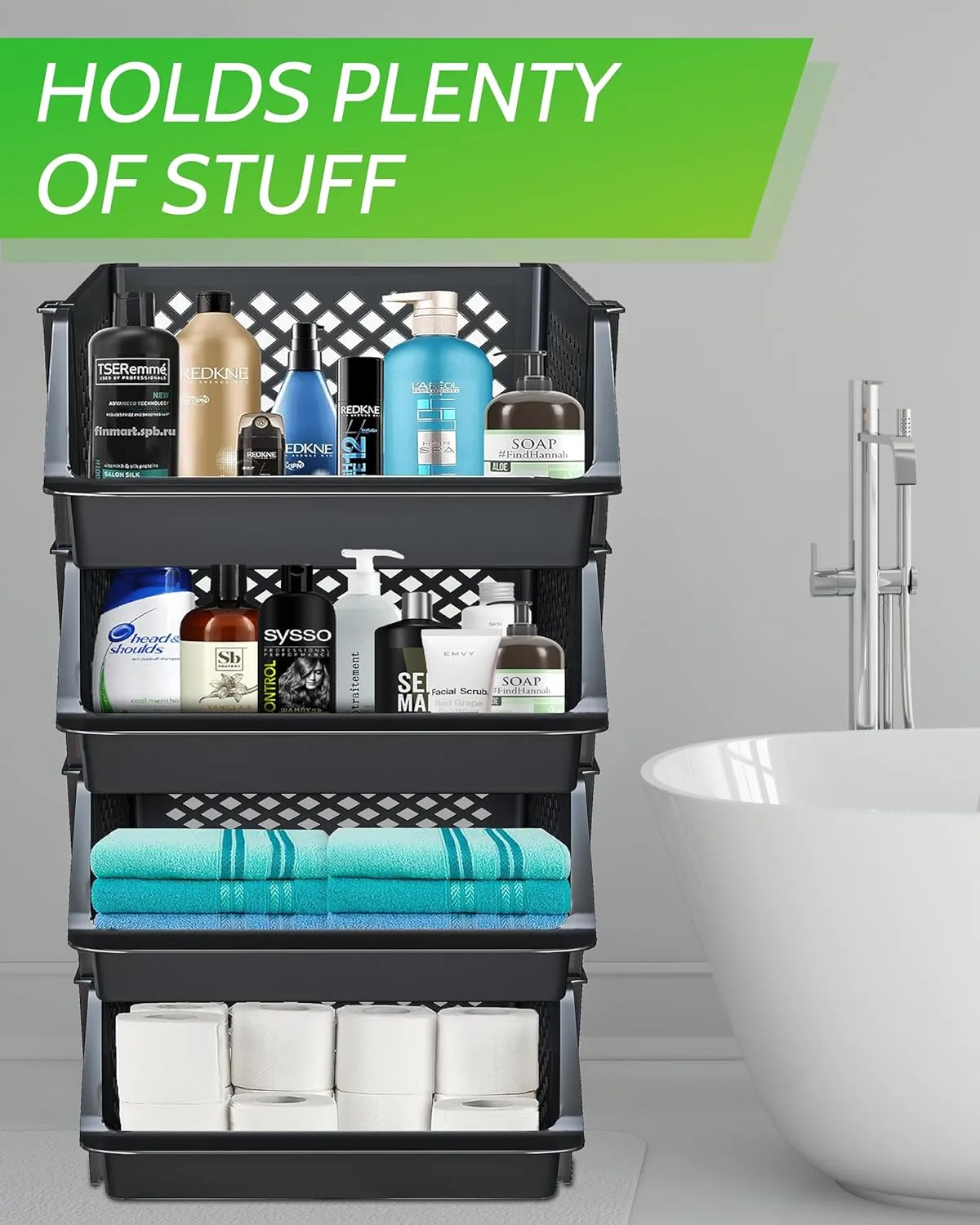 TidyFriend Plastic Stackable Bins for Pantry, 4 Pack Large Stacking Bins Open Front Kitchen, and Bathroom Organization, Open Front Design (Black)