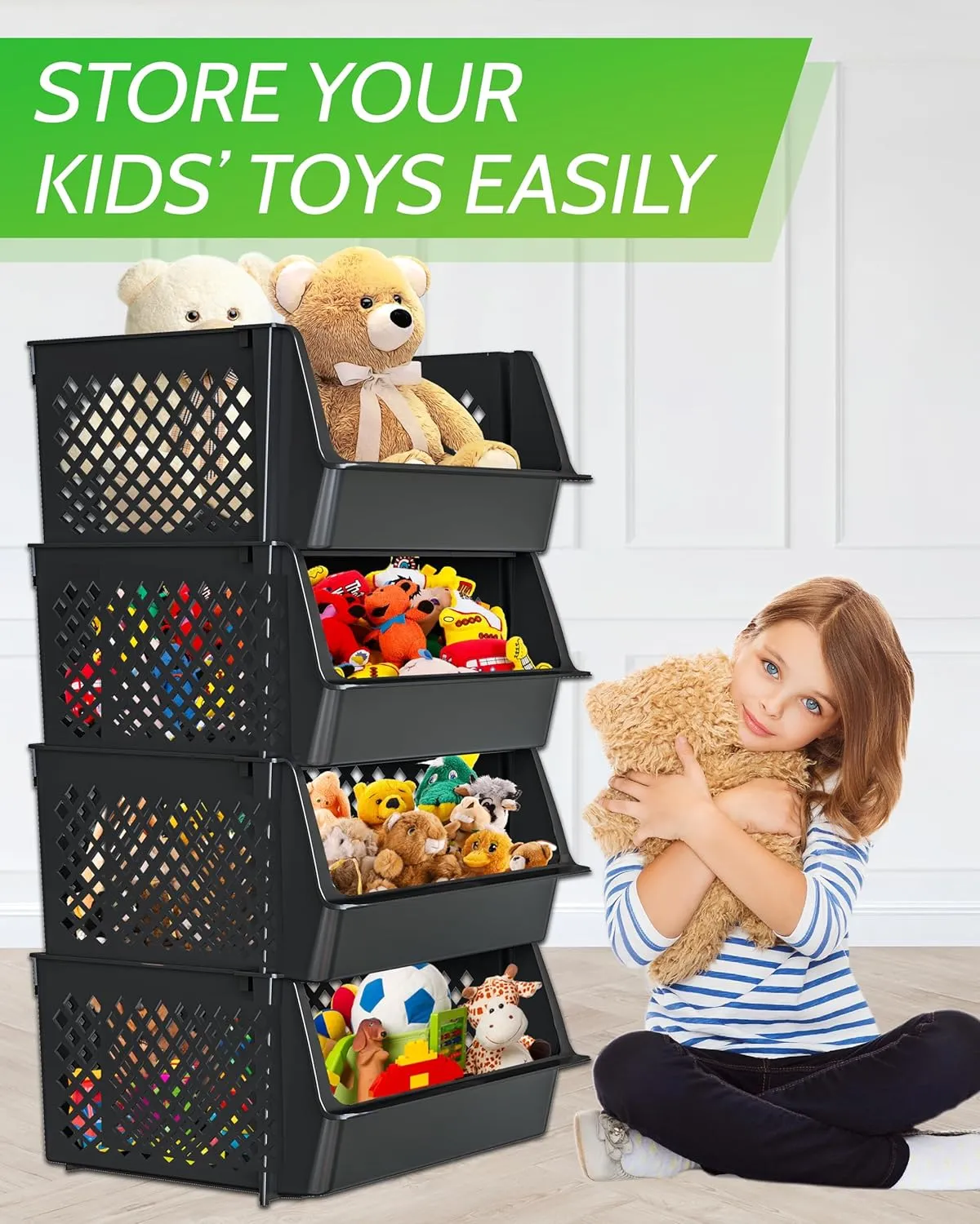 TidyFriend Plastic Stackable Bins for Pantry, 4 Pack Large Stacking Bins Open Front Kitchen, and Bathroom Organization, Open Front Design (Black)