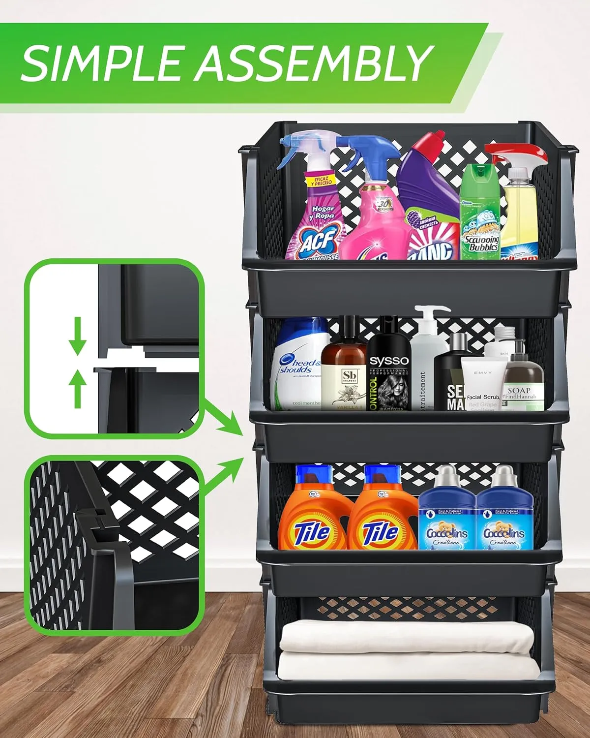 TidyFriend Plastic Stackable Bins for Pantry, 4 Pack Large Stacking Bins Open Front Kitchen, and Bathroom Organization, Open Front Design (Black)