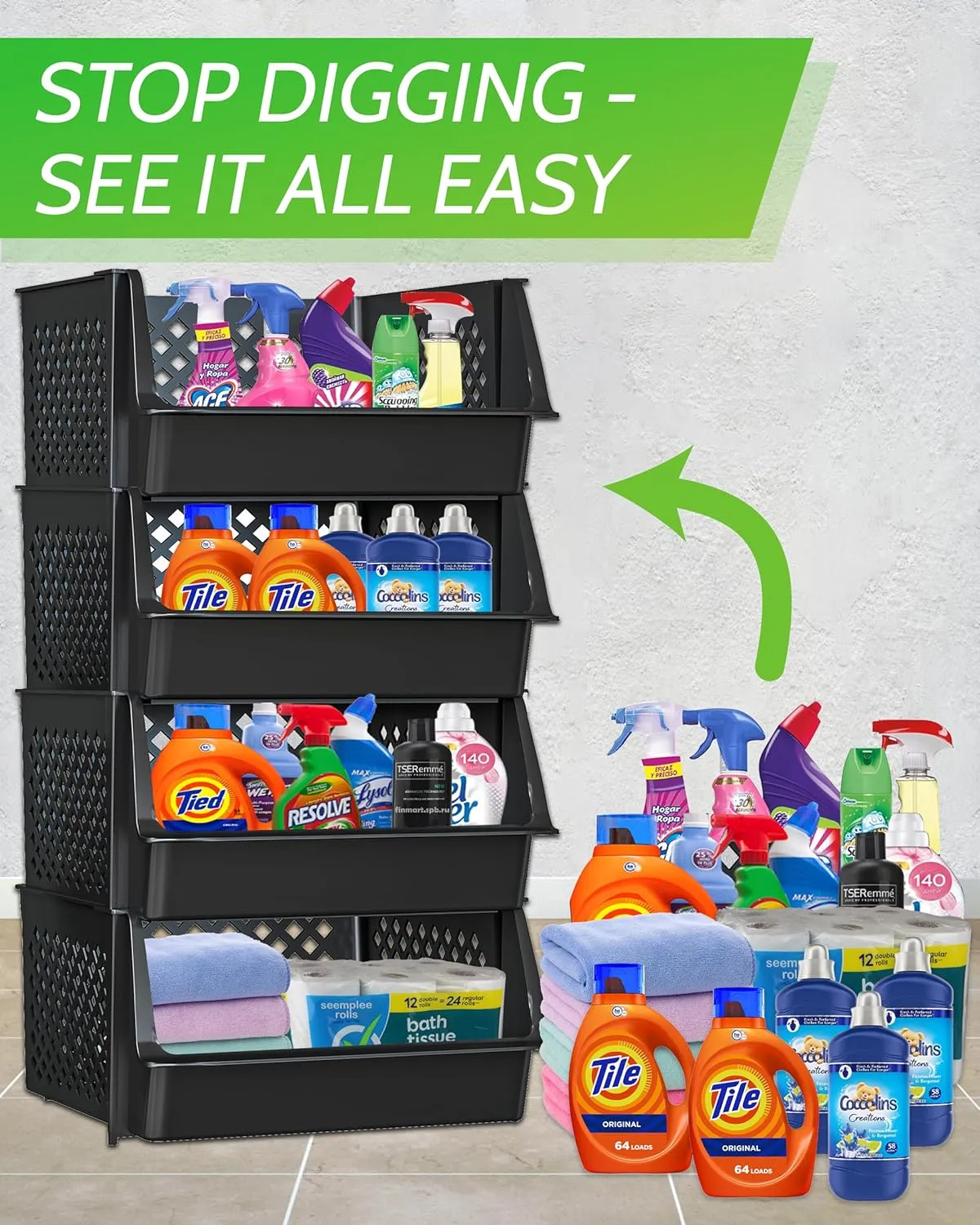 TidyFriend Plastic Stackable Bins for Pantry, 4 Pack Large Stacking Bins Open Front Kitchen, and Bathroom Organization, Open Front Design (Black)