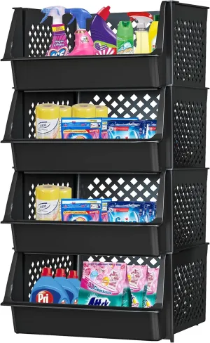 TidyFriend Plastic Stackable Bins for Pantry, 4 Pack Large Stacking Bins Open Front Kitchen, and Bathroom Organization, Open Front Design (Black)