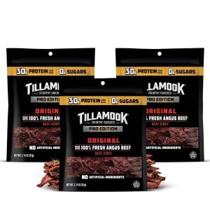 Tillamook Beef Jerky, Country Smoker PRO Edition, Zero Sugar Original, 2.14 Oz (3 Pack) Real Hardwood Smoked Fresh Angus Beef, Low Carb, High Protein Ready to Eat Keto Snack for Athletes, Gluten Free