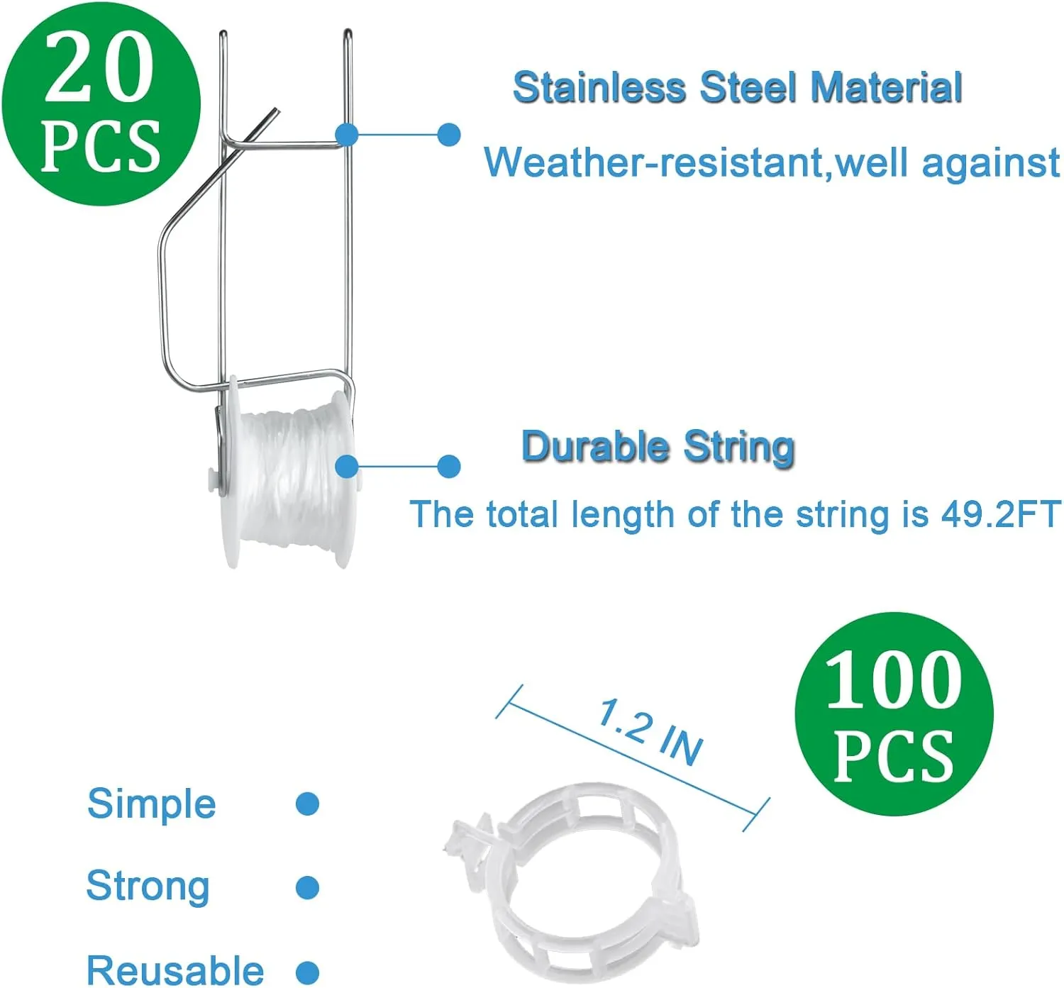Tomato Support Hooks with String 20 Pcs,100 Pcs Plant Support Clips for Climbing Plants,Tomato Trellis Roller Hooks with 49.2FT String,Reusable Grape Vine Clips to Prevent Tomatoes