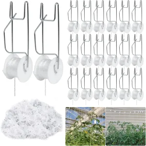 Tomato Support Hooks with String 20 Pcs,100 Pcs Plant Support Clips for Climbing Plants,Tomato Trellis Roller Hooks with 49.2FT String,Reusable Grape Vine Clips to Prevent Tomatoes
