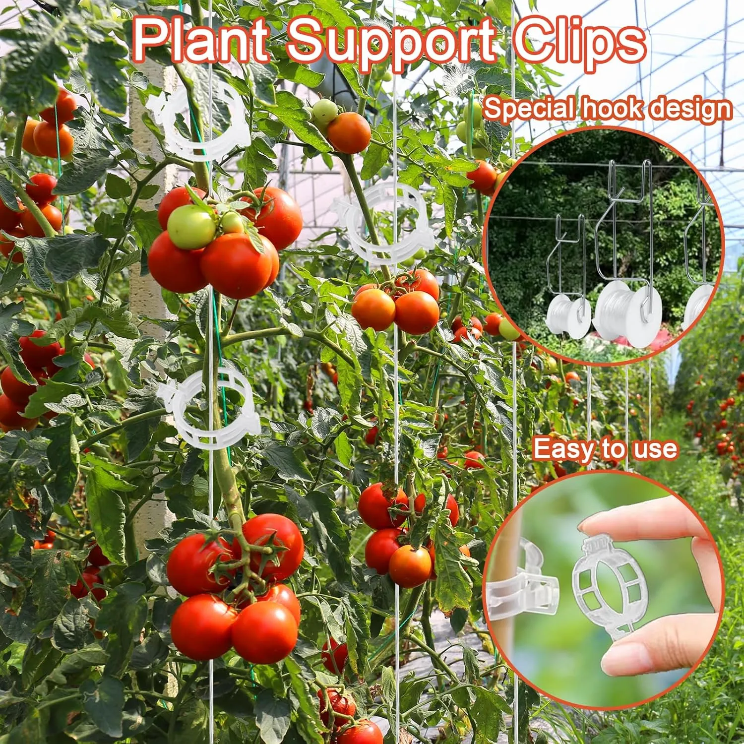 Tomato Support Hooks with String 20 Pcs,100 Pcs Plant Support Clips for Climbing Plants,Tomato Trellis Roller Hooks with 49.2FT String,Reusable Grape Vine Clips to Prevent Tomatoes