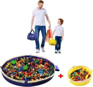 Toy Storage Mat Bag by Drawstring for Lego - Play Mat Bag Toy Storage Container for Kids with Cap can as Gift (2Pcs = Big Blue   Mini Yellow)