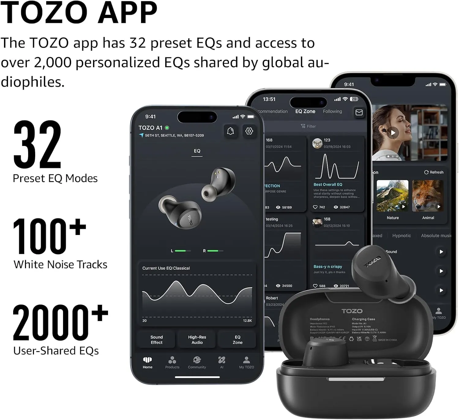 TOZO A1 Wireless Earbuds Bluetooth 5.3 Light Weight in Ear IPX5 Waterproof Headphones 2 Mic for AI Calls, Immersive Premium Sound Bass Headset with Charging Case, 32 Presets EQ Customization via App