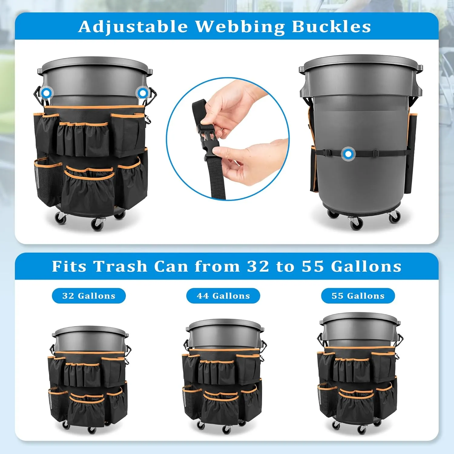 Trash Can Caddy Bag Fit 32-55 Gallon Garbage Bin, Cleaning Caddy Bag with Adjustable Buckle for Industrial Trash Can, 13 Pockets Cleaning Tool Organizer for Cleaning Supplies, Orange Edge