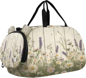 Travel Duffle Bag for Kids Boys Girls Vintage Wooden Wildflower Sports Bag Overnighter Duffle Sleepover Weekender with Shoes Compartment