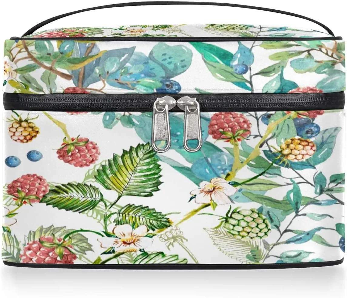 Travel Makeup Bag, Floral Berry Cosmetic Bag for Women Girls, Portable Large Toiletry Bag Case Organizer for Toiletries Accessories Brushes