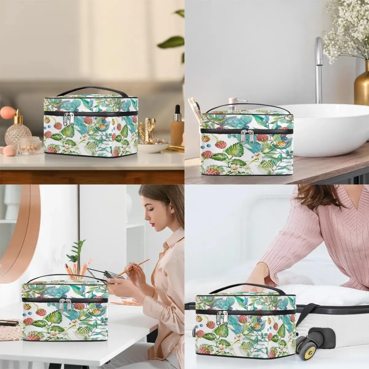 Travel Makeup Bag, Floral Berry Cosmetic Bag for Women Girls, Portable Large Toiletry Bag Case Organizer for Toiletries Accessories Brushes