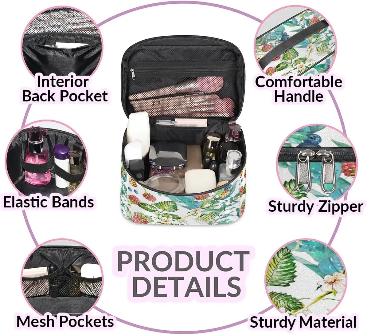 Travel Makeup Bag, Floral Berry Cosmetic Bag for Women Girls, Portable Large Toiletry Bag Case Organizer for Toiletries Accessories Brushes