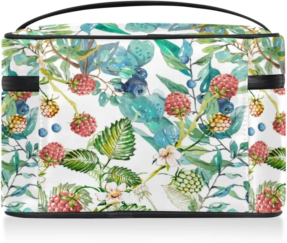 Travel Makeup Bag, Floral Berry Cosmetic Bag for Women Girls, Portable Large Toiletry Bag Case Organizer for Toiletries Accessories Brushes