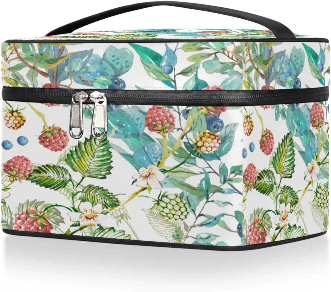Travel Makeup Bag, Floral Berry Cosmetic Bag for Women Girls, Portable Large Toiletry Bag Case Organizer for Toiletries Accessories Brushes