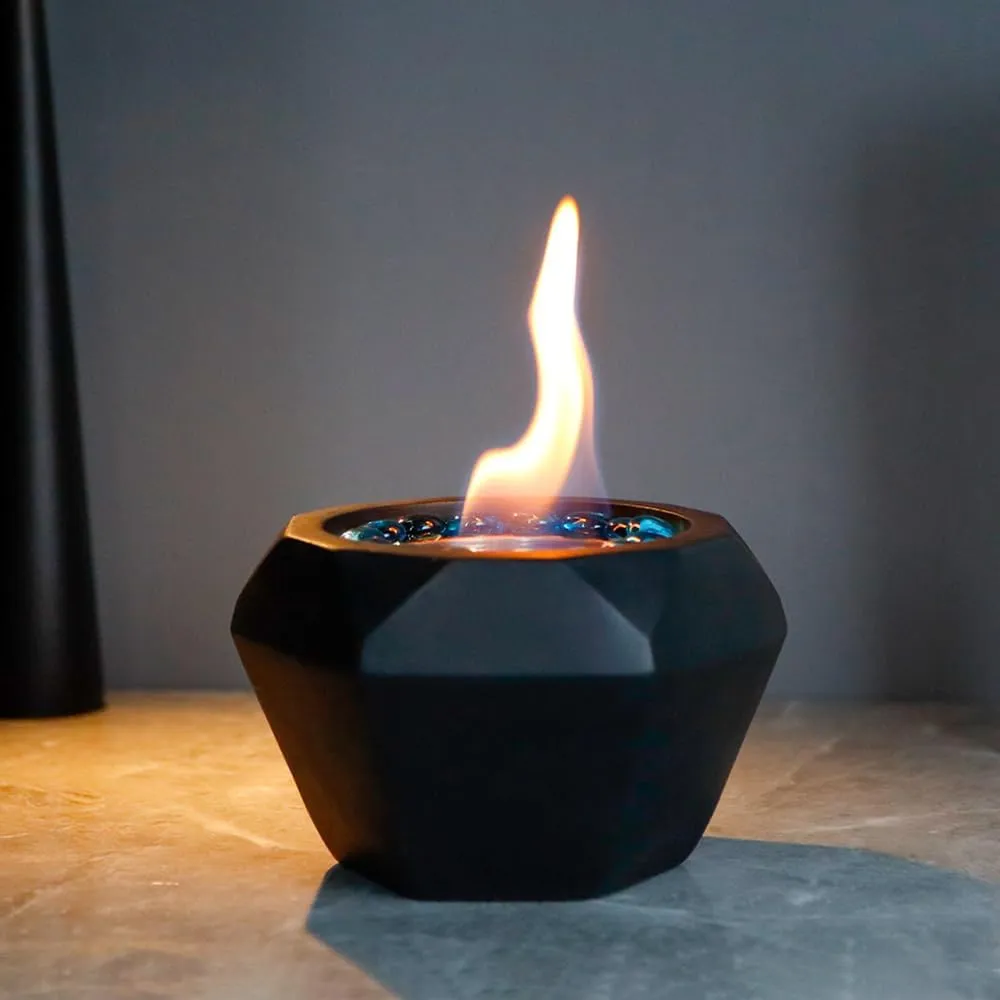 TRIROCKS Table Top Fire Pit Bowl Black Concrete Fireplace-Ambient Colored Stones for Enhanced Ambiance - Alcohol Burner Outdoor/Indoor Use - Dual Burners & Safety Extinguisher Included