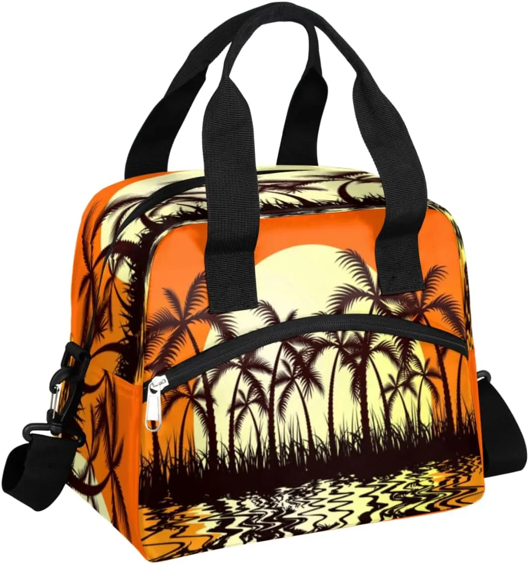Tropic Sunset Large Lunch Bag Insulated Lunch Box for Women and Men Orange Black Lunch Tote Bag with Adjustable Shoulder Strap for Office Work Picnic Hiking Beach Fishing