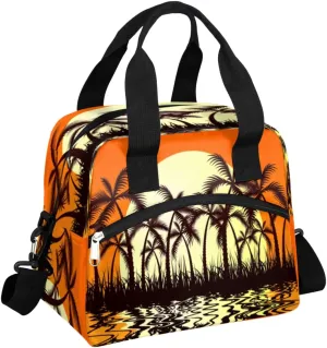 Tropic Sunset Large Lunch Bag Insulated Lunch Box for Women and Men Orange Black Lunch Tote Bag with Adjustable Shoulder Strap for Office Work Picnic Hiking Beach Fishing