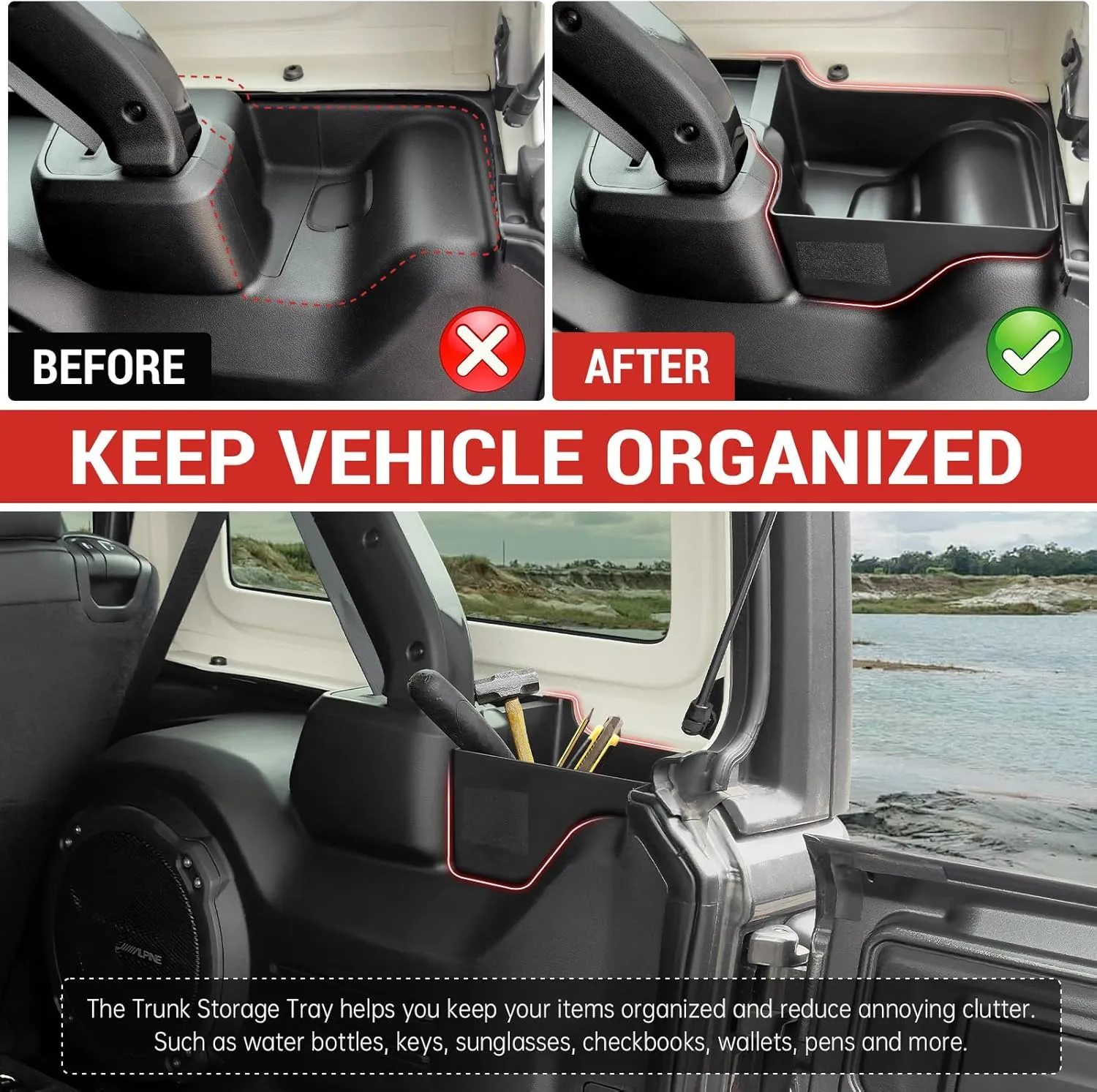 Trunk Side Storage Bin Fit for 2024 Jeep Wrangler JL JLU 4XE, Cargo Organizer Tray Wheel Well Storage Box for 2024 Wrangler JL 4 Door Accessories, 2PCS No Screws(Left Right)