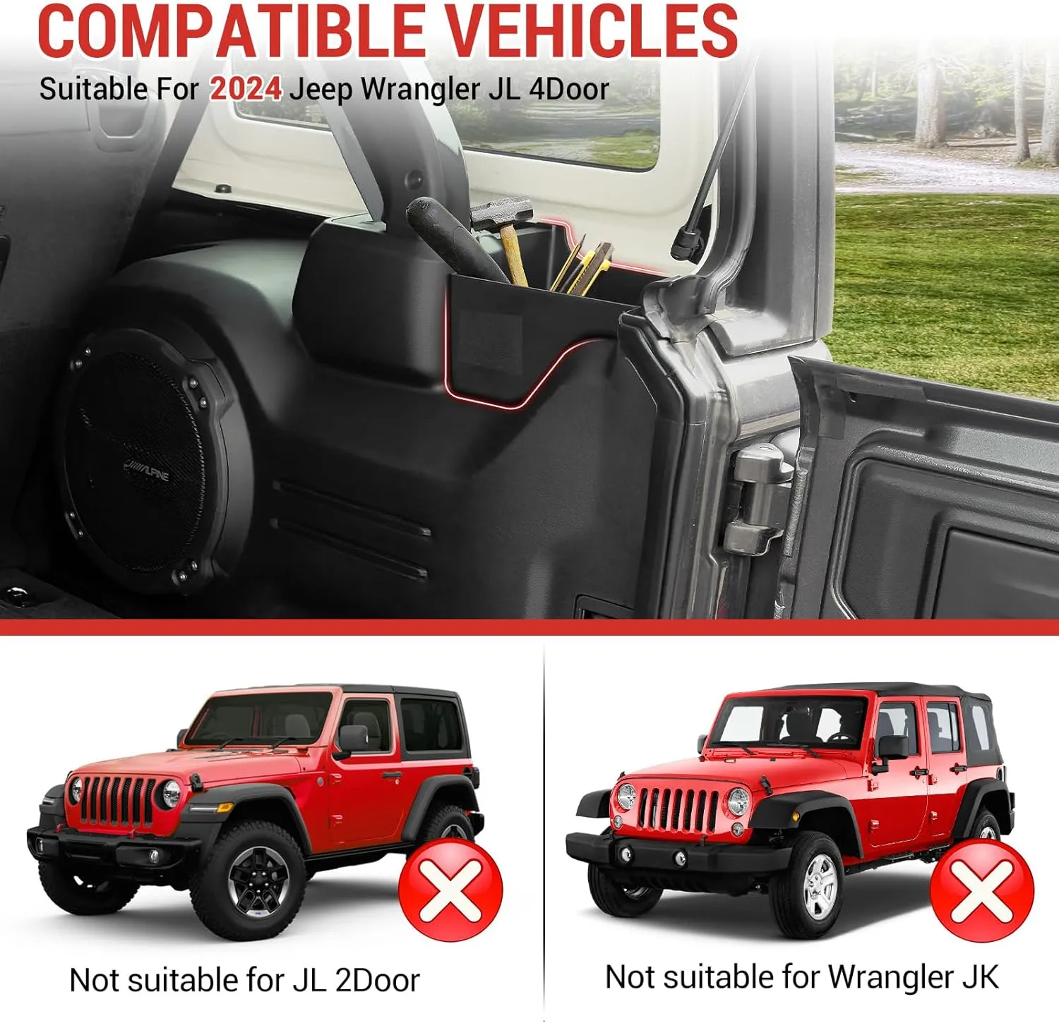 Trunk Side Storage Bin Fit for 2024 Jeep Wrangler JL Unlimited Cargo Organizer Tray Wheel Well Storage Box for Wrangler JL 4 Door Accessories, 2PCS(Left Right, HOOK&LOOP)
