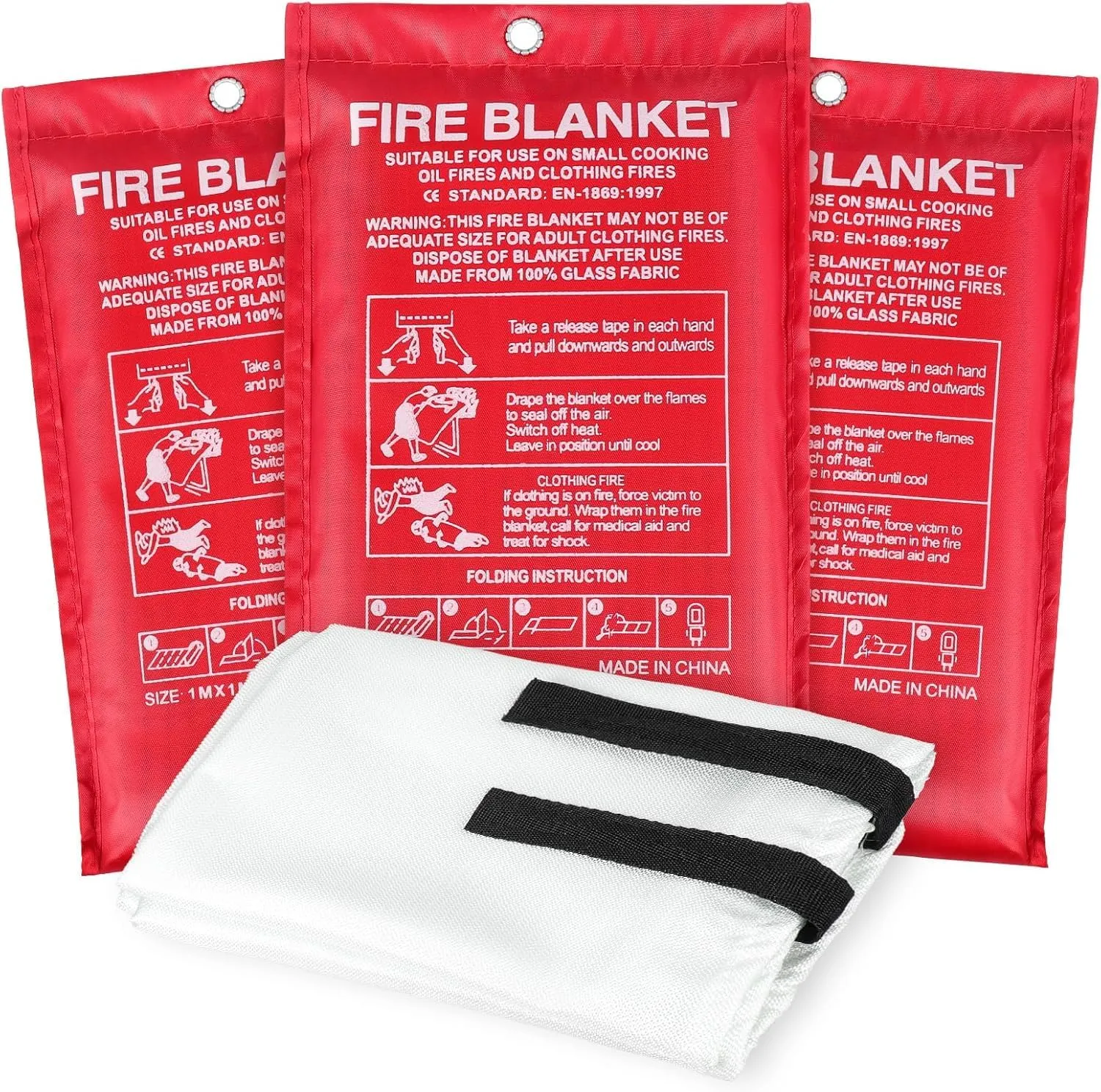 Twotrees Fire Blanket Emergency for Kitchen Home - Fiberglass Fire Protection Blanket Fire Extinguisher for Household, Grease Fires,Offices,Garages Welding Workshops, Car, School 1.2M x 1.2M (3 Pack)