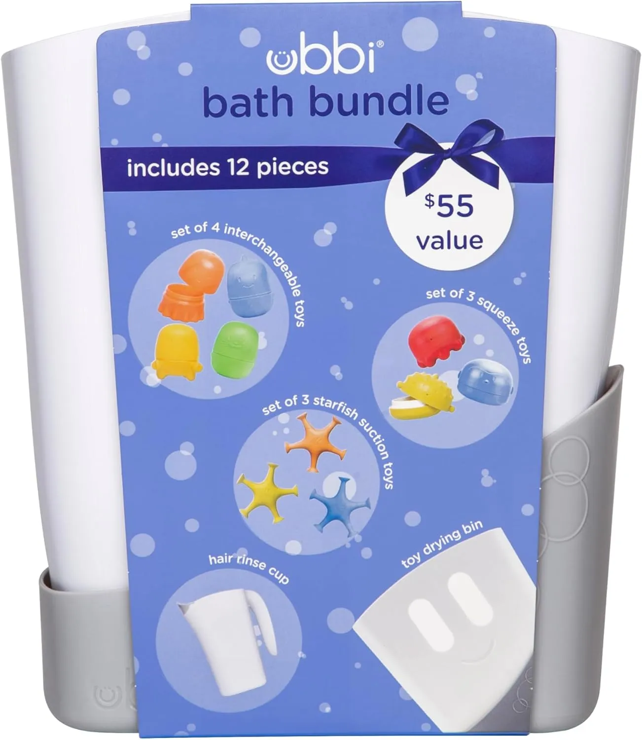 Ubbi Bath Toy & Drying Bin Bundle, Includes 10 Bath Toys, 1 Hair Rinse Cup and 1 Gray Toy Drying Bin, Infant and Toddler Bathtub Accessories