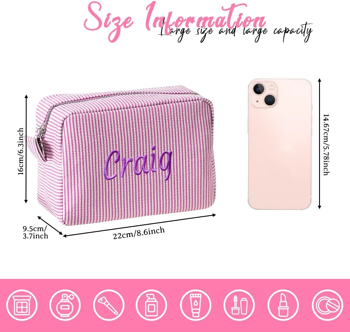 Ulico Personalized Cosmetic Bag Embroidered Name,Custom Monogrammed Makeup Bag，Seersucker Travel Toiletry Bag for Women Girls