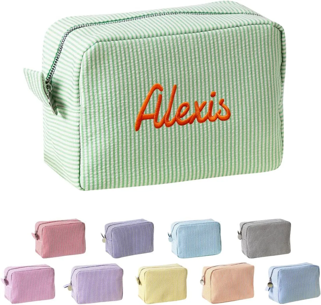 Ulico Personalized Cosmetic Bag Embroidered Name,Custom Monogrammed Makeup Bag，Seersucker Travel Toiletry Bag for Women Girls