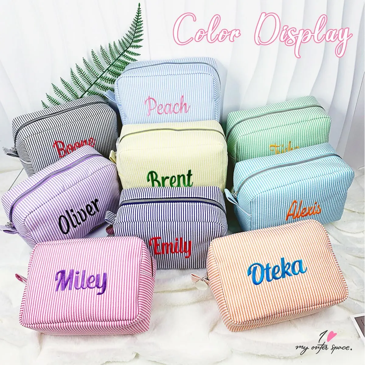 Ulico Personalized Cosmetic Bag Embroidered Name,Custom Monogrammed Makeup Bag，Seersucker Travel Toiletry Bag for Women Girls